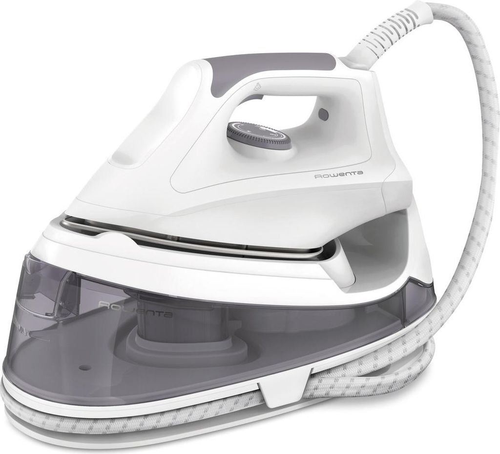 A steam iron with a water tank base.