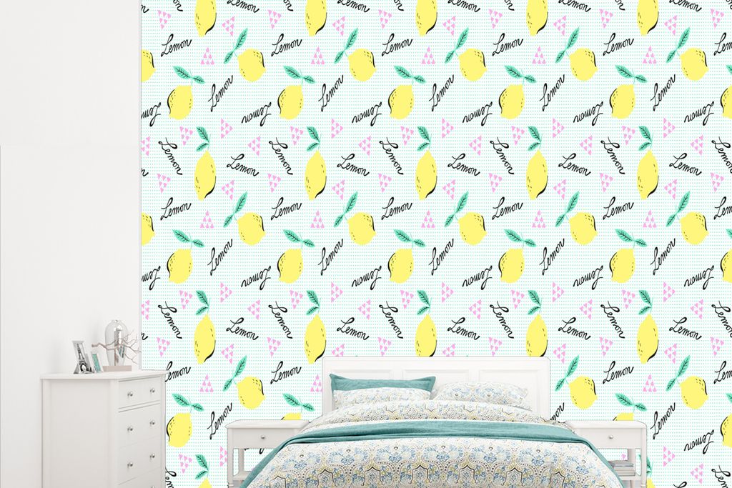 MuchoWow Fototapete für Wohnzimmer oder Schlafzimmer Wandtapete Vinyl Motivtapete Hipster - Zitrone - Pastell - Muster - 265x220 cm - Die Küche