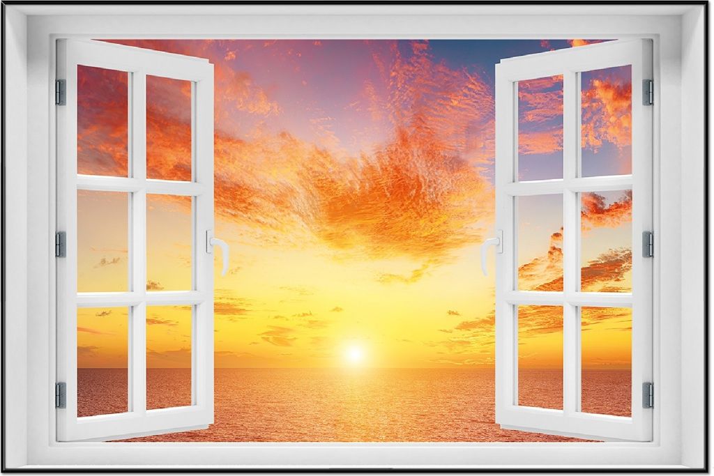 Wallario Wandbild mit Fenster-Illusion: Sonnenuntergang über dem Meer - rote Wolken und blauer Himmel, Größe: 61 x 91,5 cm, Poster mit schwarzem...