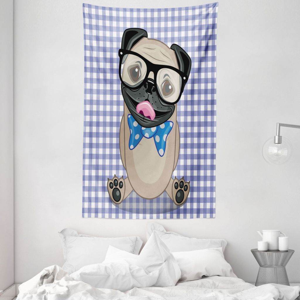 ABAKUHAUS Mops Wandteppich und Tagesdecke, Nerdy Gläser Fliege Hund aus Weiches Mikrofaser Stoff Waschbar ohne Verblassen Digitaldruck, 140 x 230 ...