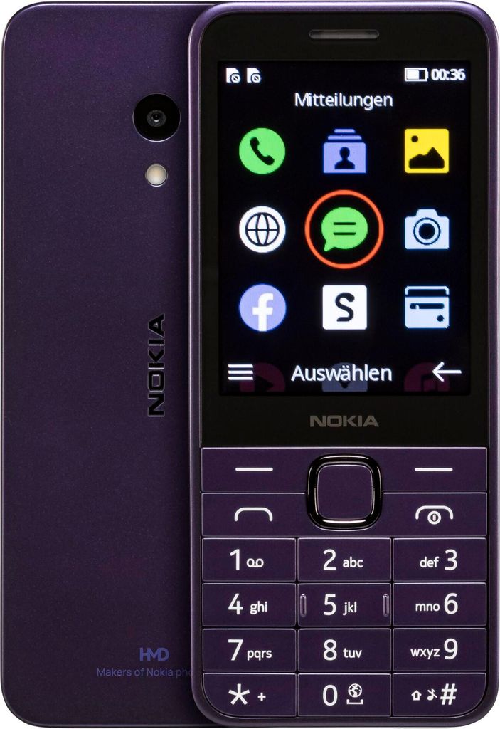 A purple Nokia feature phone is shown from the front and back, displaying its screen with app icons and a keypad.