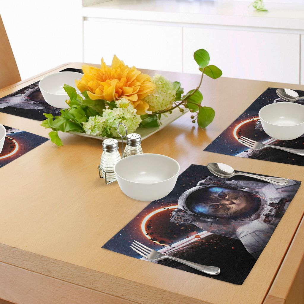 ABAKUHAUS Raum Katze Platzmatten, Kosmonaut in Kometen-Galaxie-Gruppen im Weltraum-Kosmos-Kunst-Druck, Tiscjdeco aus Farbfesten Stoff für das Essz...