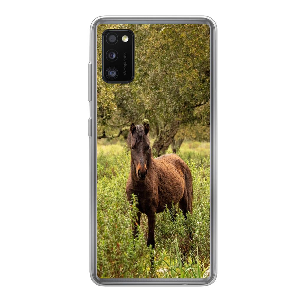MuchoWow Handyhülle Schutzhülle Hülle für Samsung Galaxy A41 Pferd - Wald - Gras Silikon Softcase Handy Hülle - Mobiltelefon