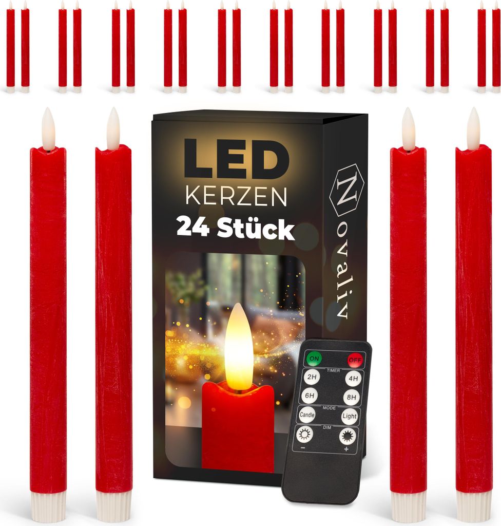 LED Stabkerzen 24 Stück ECHTWACHS ROT - mit Timer Funktion Produktbild 