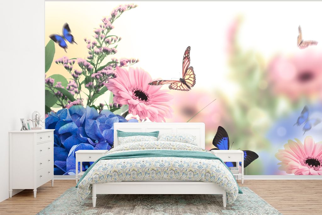 MuchoWow Fototapete für Wohnzimmer oder Schlafzimmer Wandtapete Vinyl Motivtapete Schmetterlinge - Blumen - Hortensien - Insekten - 375x280 cm -...
