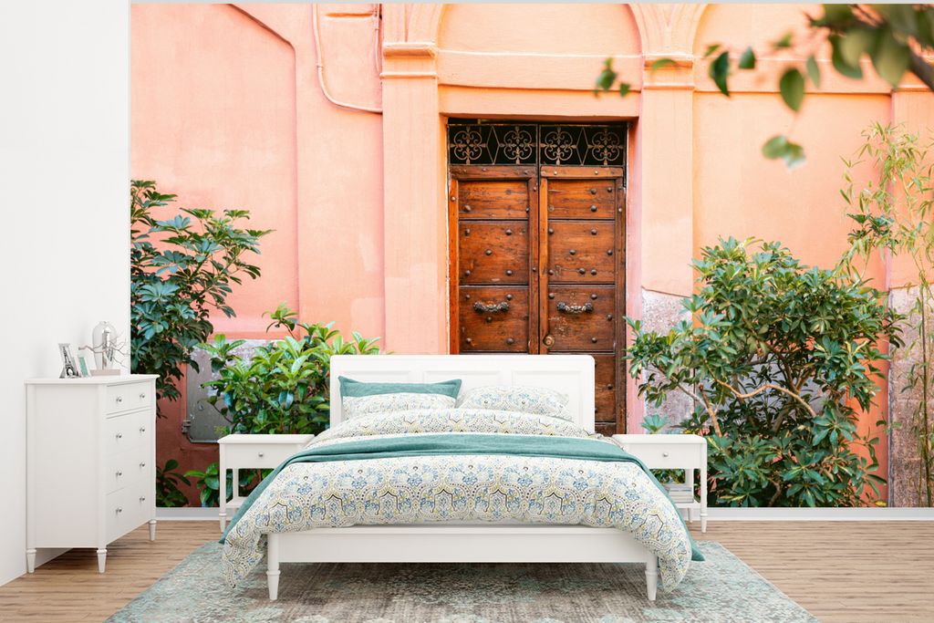 MuchoWow Fototapete für Wohnzimmer oder Schlafzimmer Wandtapete Vinyl Motivtapete Tür - Holz - Pflanzen - Grün - 375x280 cm - Schlafzimmer tapete