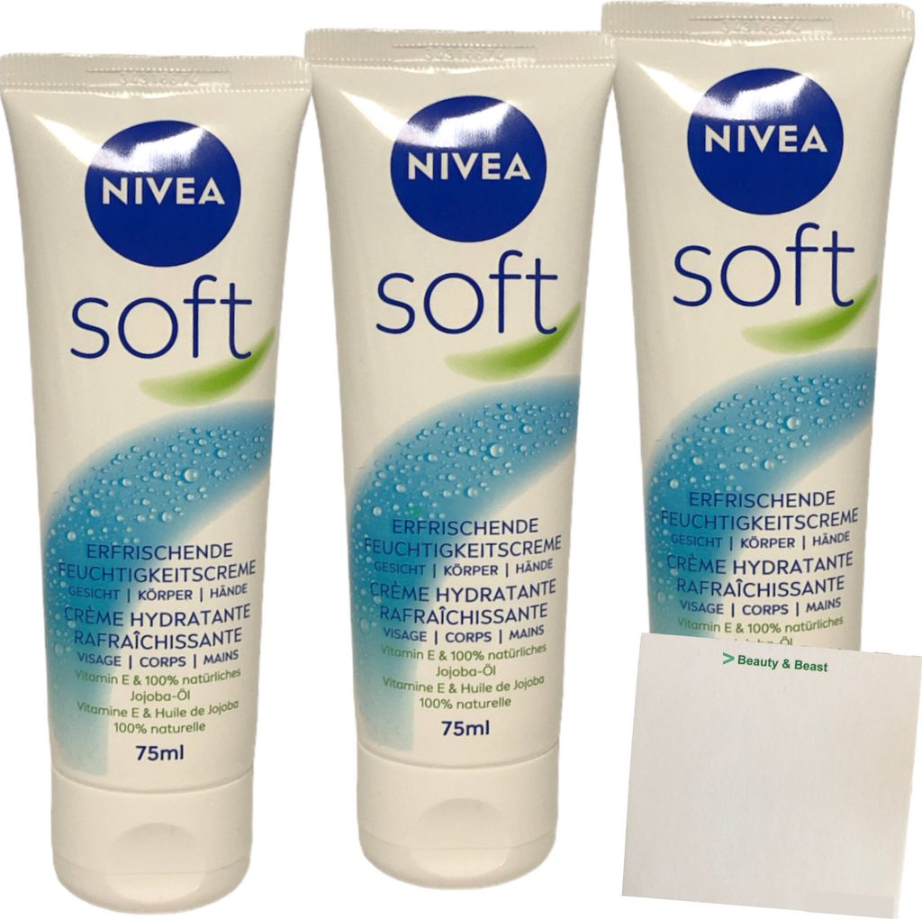 Nivea Softcreme erfrischende Feuchtigkeitscreme in der Tube 3er Pack (3x75ml) + usy Block