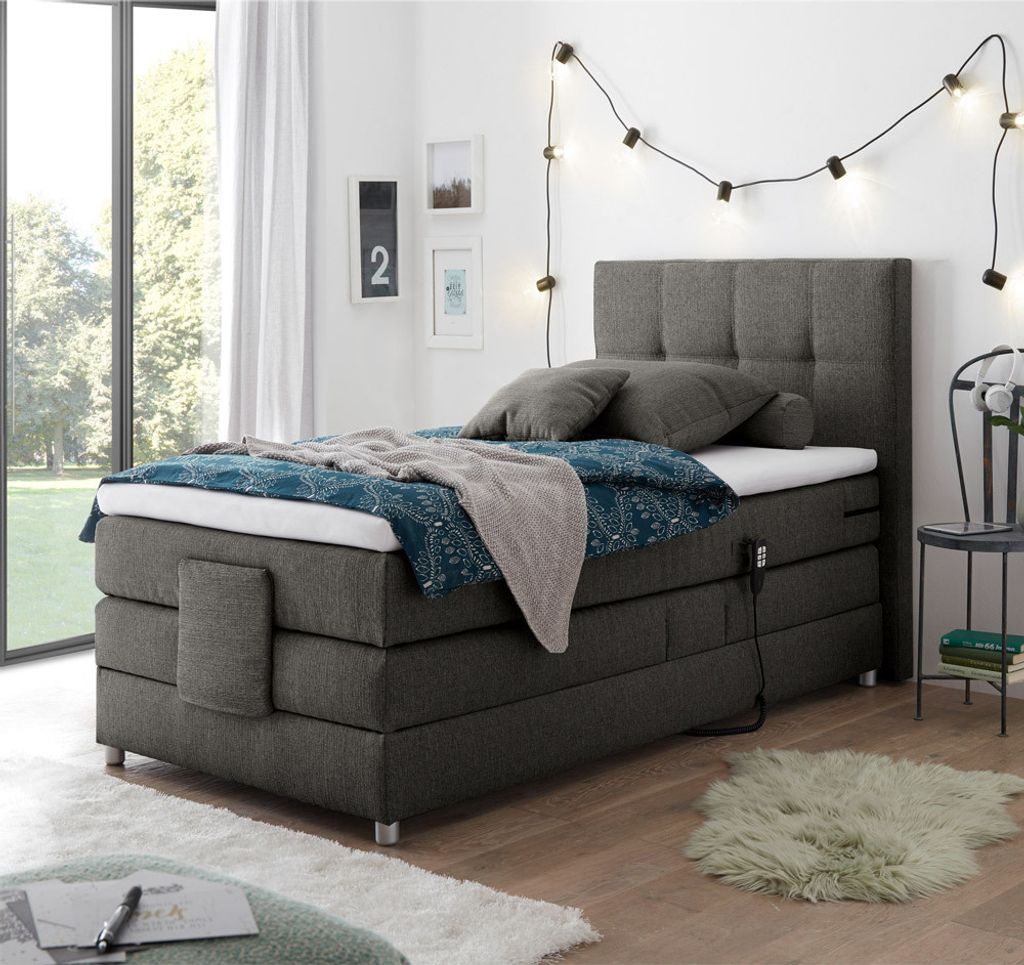 Boxspringbett Jugendbett in 120x200 cm MANAUS-09, in der Farbe Elephant grau, Taschenfederkern-Matratze, elektrisch verstellbar