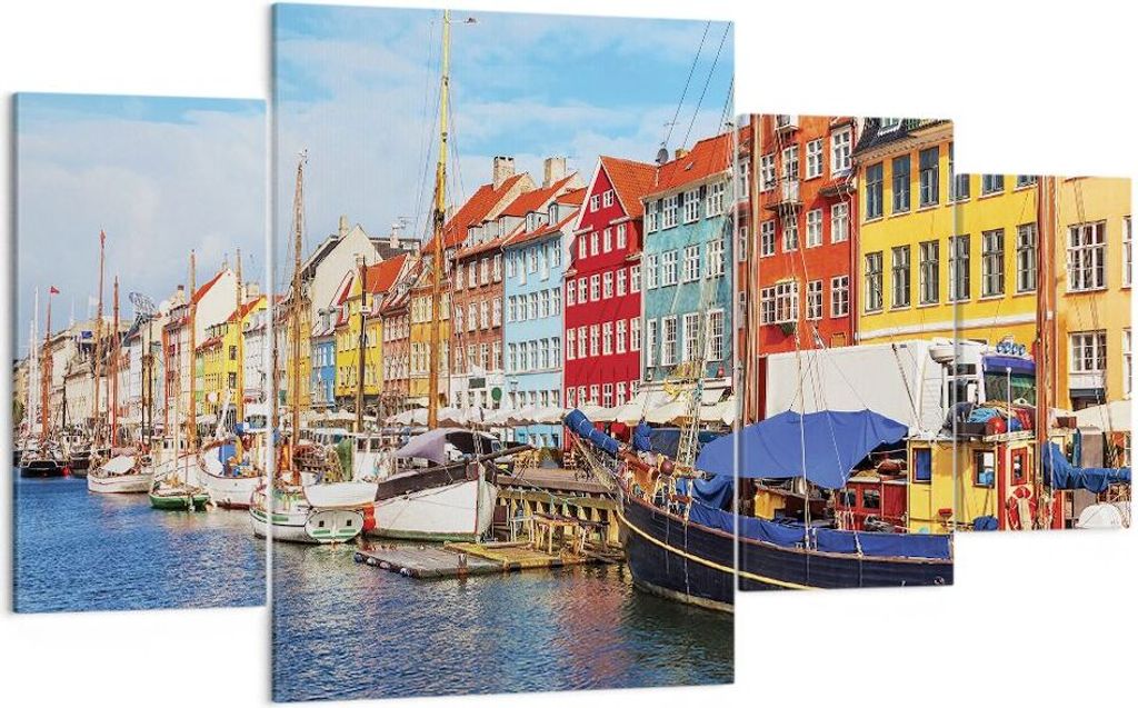 Bild auf Leinwand - Leinwandbild - 4 Teile - Kopenhagen Nahavn Schiffe - 160x90cm - Wand Bild - Wanddeko - Wandbilder - Leinwanddruck - Bilder - Wa...