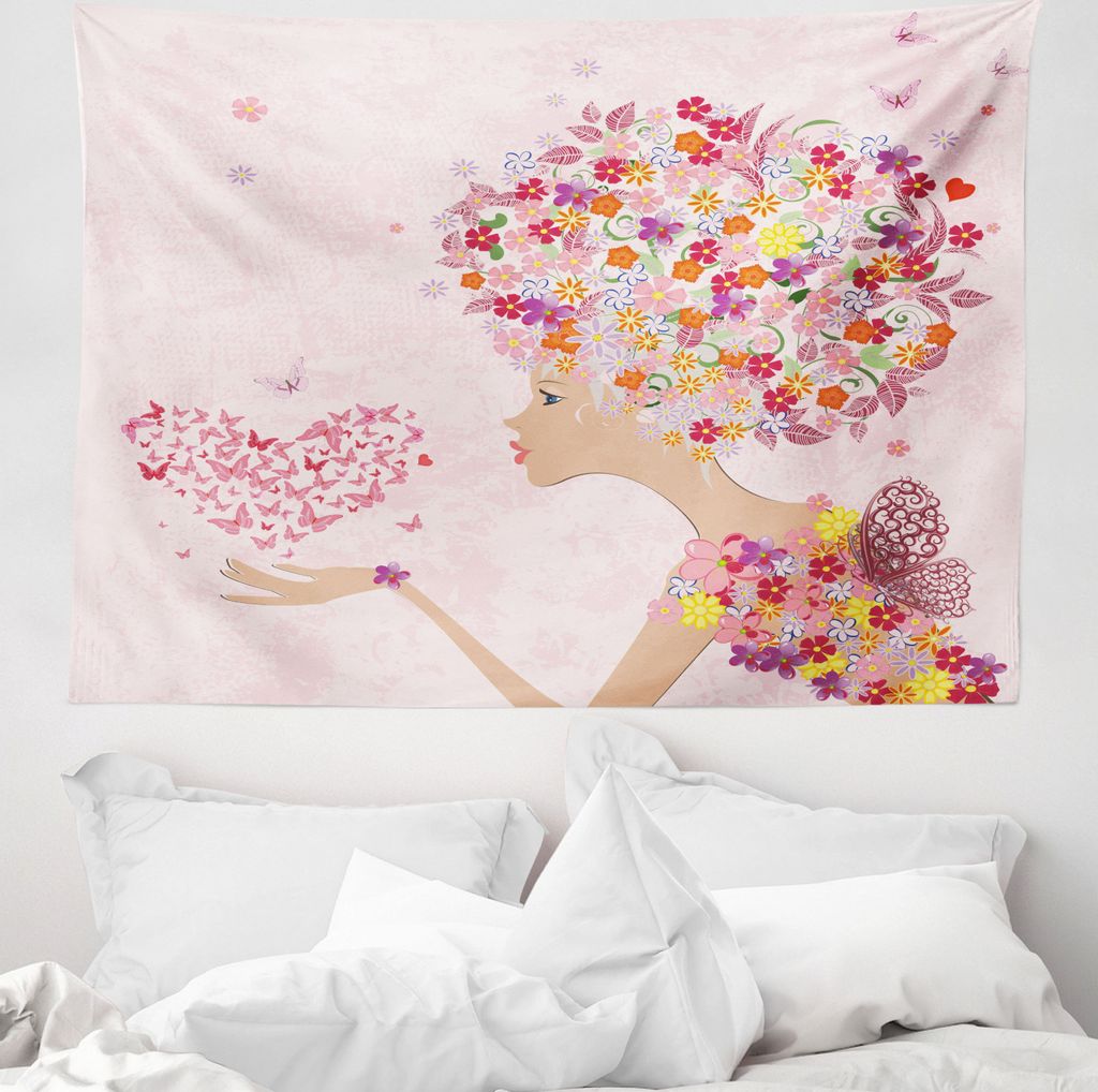 ABAKUHAUS Rosa Wandteppich, Blumen Mädchen Schmetterlinge aus Weiches Mikrofaser Stoff Waschbar ohne Verblassen Digitaldruck, 150 x 110 cm, Mehrfa...