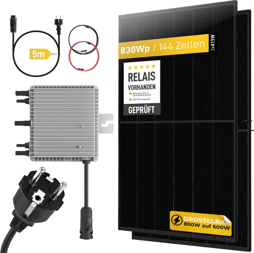 Belko Balkonkraftwerk 830Wp Komplettset, 2 x 415W Trina Solar Full Black Module, 800W Wechselrichter mit WiFi