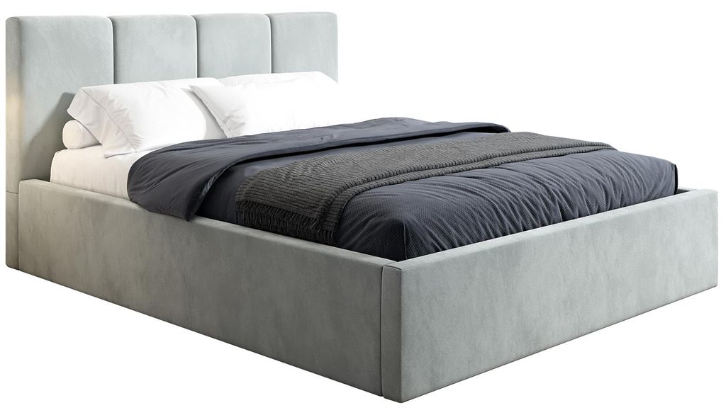 Polsterbett 160x200 cm SENS - Doppelbett mit Bettkasten & Lattenrost - Velourstoff - Hellgrau (Riviera 91)