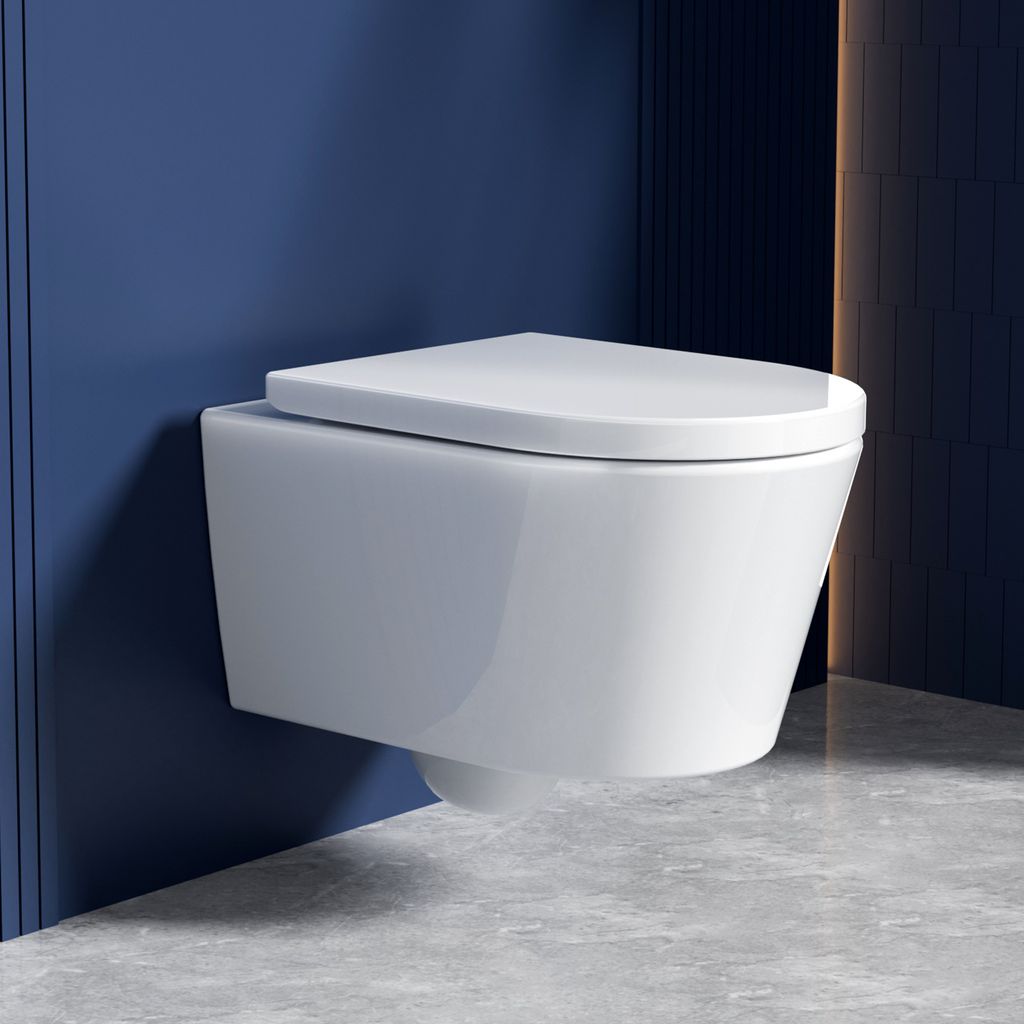 A modern white wall-mounted toilet is shown in a bathroom setting with blue walls and a grey floor.