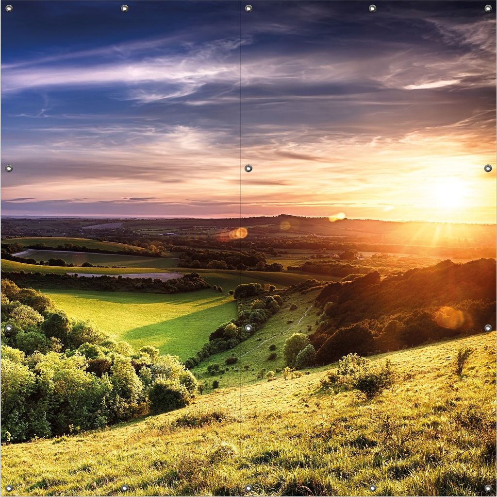 Wallario Outdoor-Poster für Garten oder Balkon, Motiv Farbenfroher Sonnenuntergang in England, in ca. 180 x 180 cm