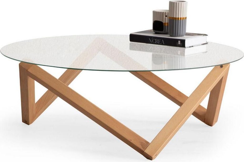 Couchtisch im modernen Stil runde Glastischplatte Wohnzimmer Holzbeine
