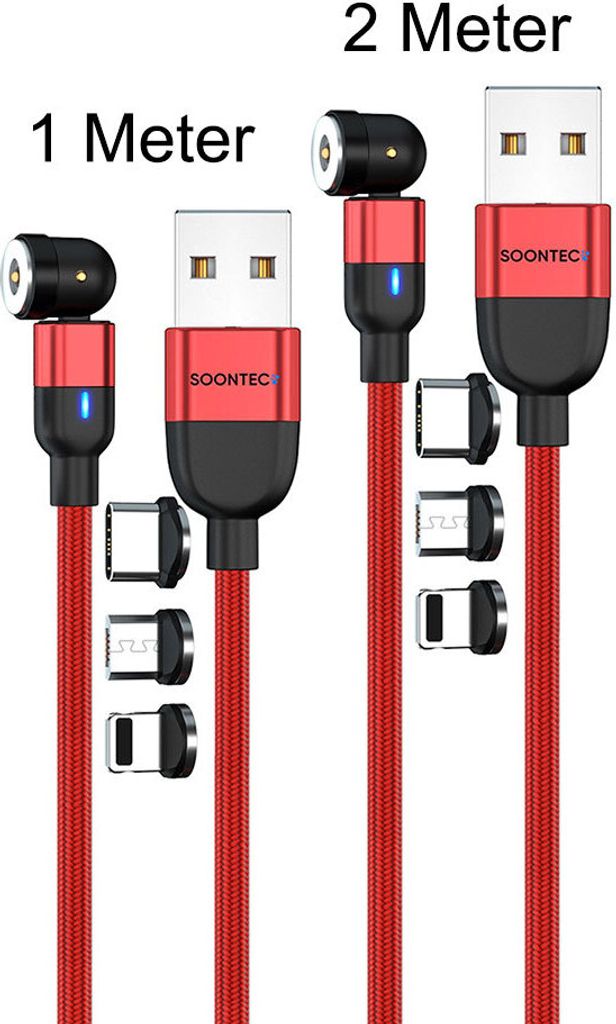 Magnet Ladekabel 2er Set (2 Meter+1 Meter) SOONTEC Magnetladekabel drehbar 360°&180° mit je 3 Stecker Micro USB/ USB-C/ Lightning 2,4 A Ladekabel...