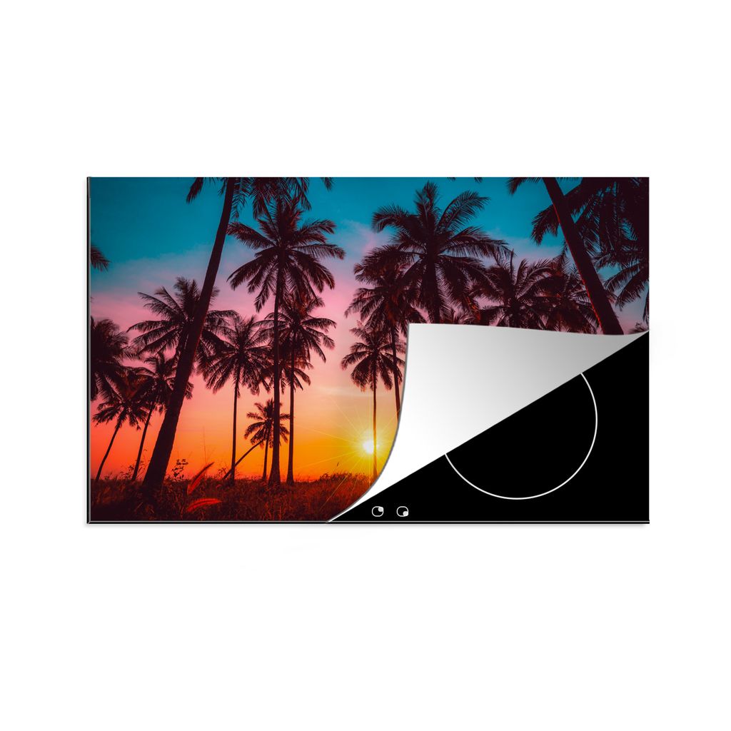 KitchenYeah Herdabdeckplatte Palme - Sonnenuntergang - Horizont - Strand - Orange - Rosa , 81x52cm, Küche Deko, Glaskeramikkochfeld Herdabdeckun...
