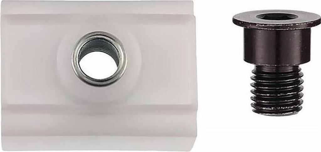 A white plastic sliding nut with a metal insert and a black screw are shown side-by-side on a white background.