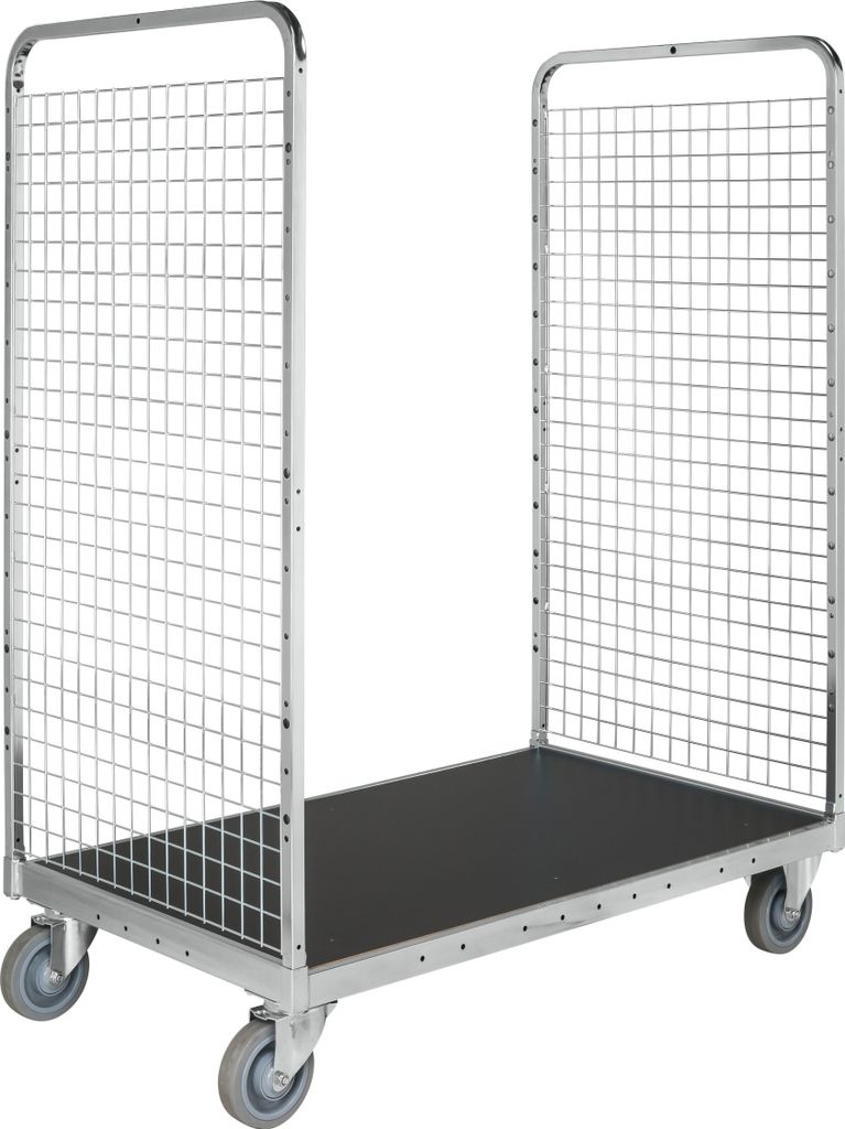 Kongamek Kommissionierwagen verzinkt 1295x810x1700mm mit 2 Gitterwänden und Ladefläche aus Sperrholz mit Bremse