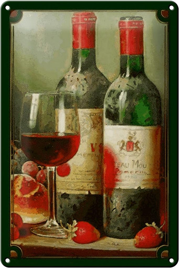 Blechschild Kunst 20x30cm Stillleben Rotwein Erdbeeren Obst