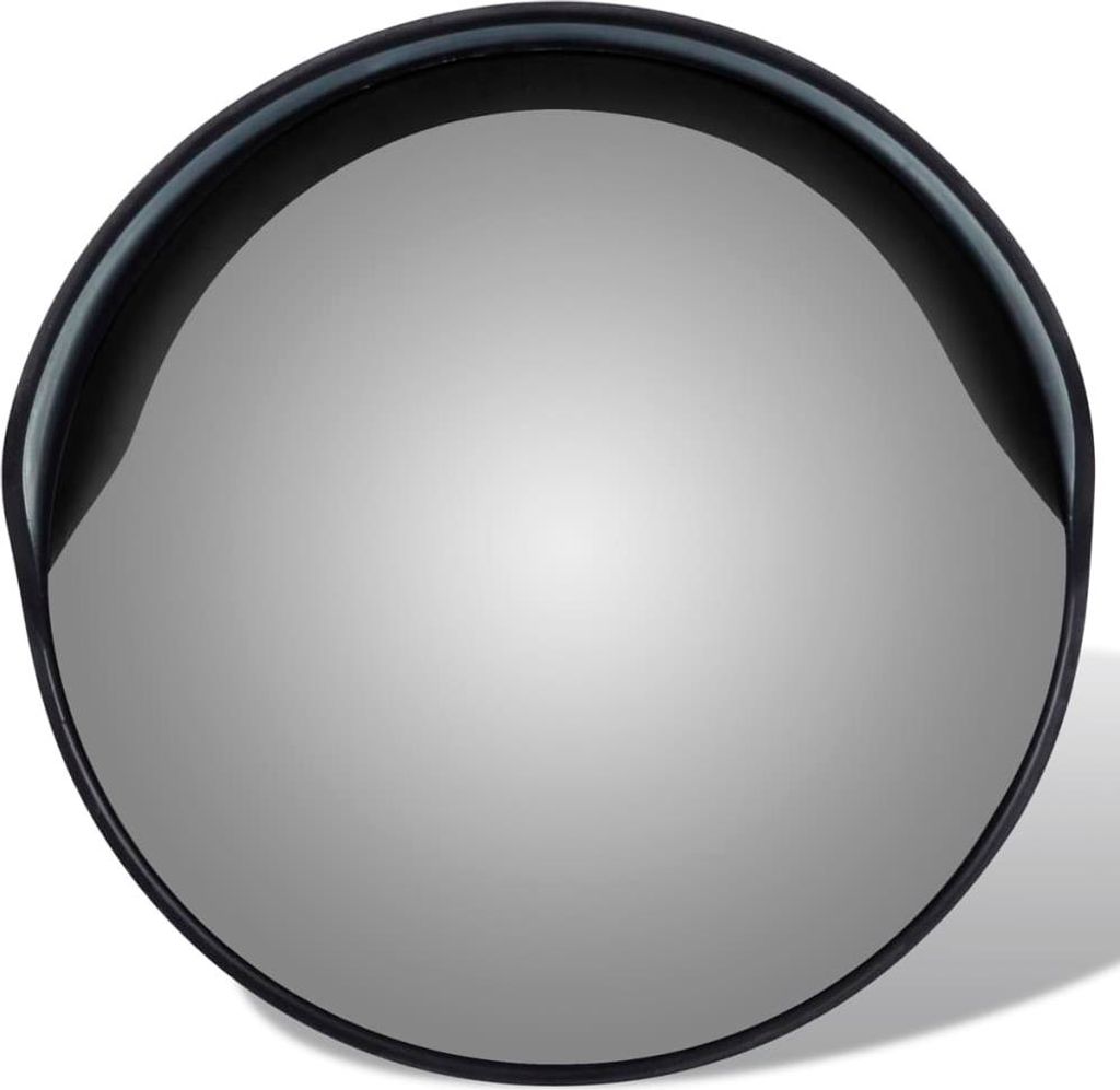 A convex mirror with a black rim against a light gray background.