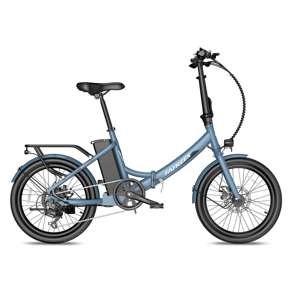 A studio shot of a blue electric bicycle against a white background.