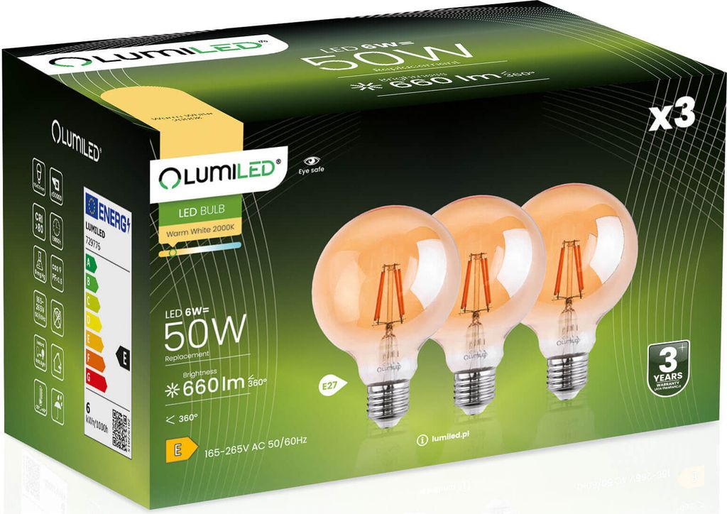 LUMILED 3x E27 LED Lampen G95 Vintage 6W Ersetzt 50W Produktbild 