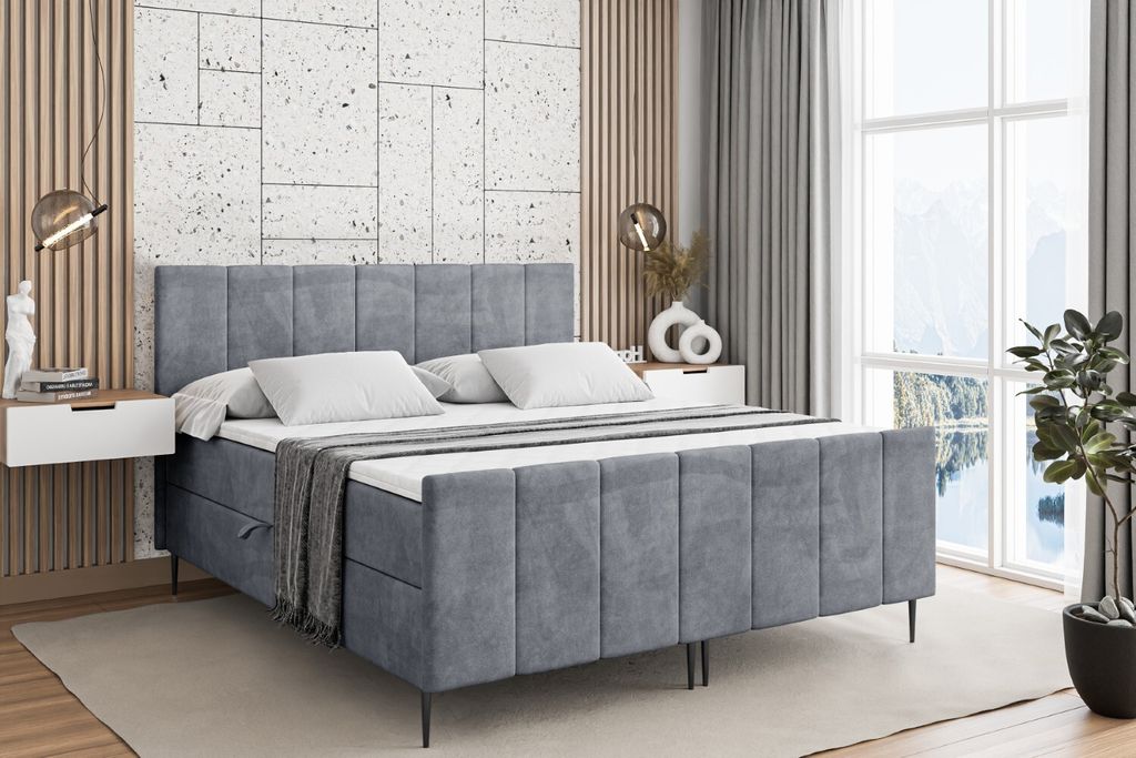 ALTDECOR Boxspringbett mit Schwarz Füßen, Matratze und Lattenrost, Topper, Fußteil, Polsterbett mit Bettkasten, Bett mit Stauraum H4-Matratze, D...