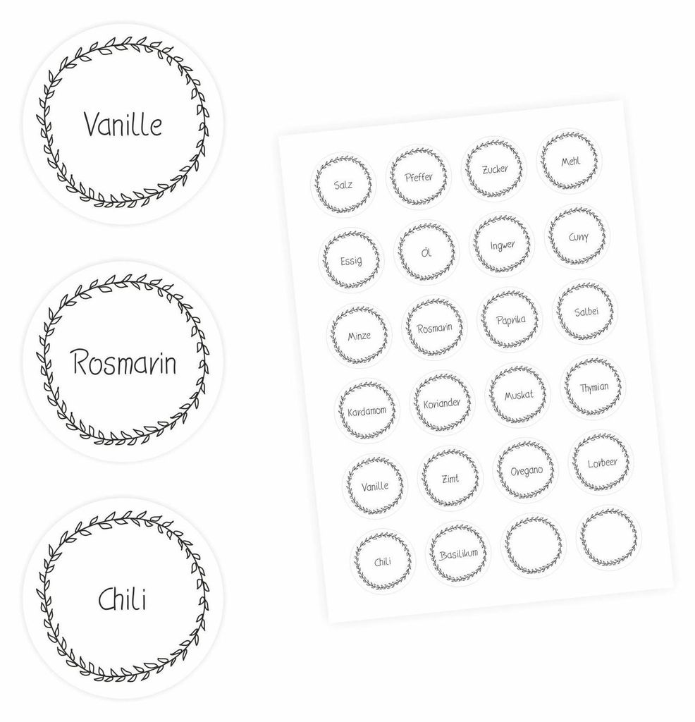 24 Gewürzetiketten - weiß/schwarz - 22 beschriftet 2 blanko - rund 4 cm Ø - Küchen Aufkleber Sticker
