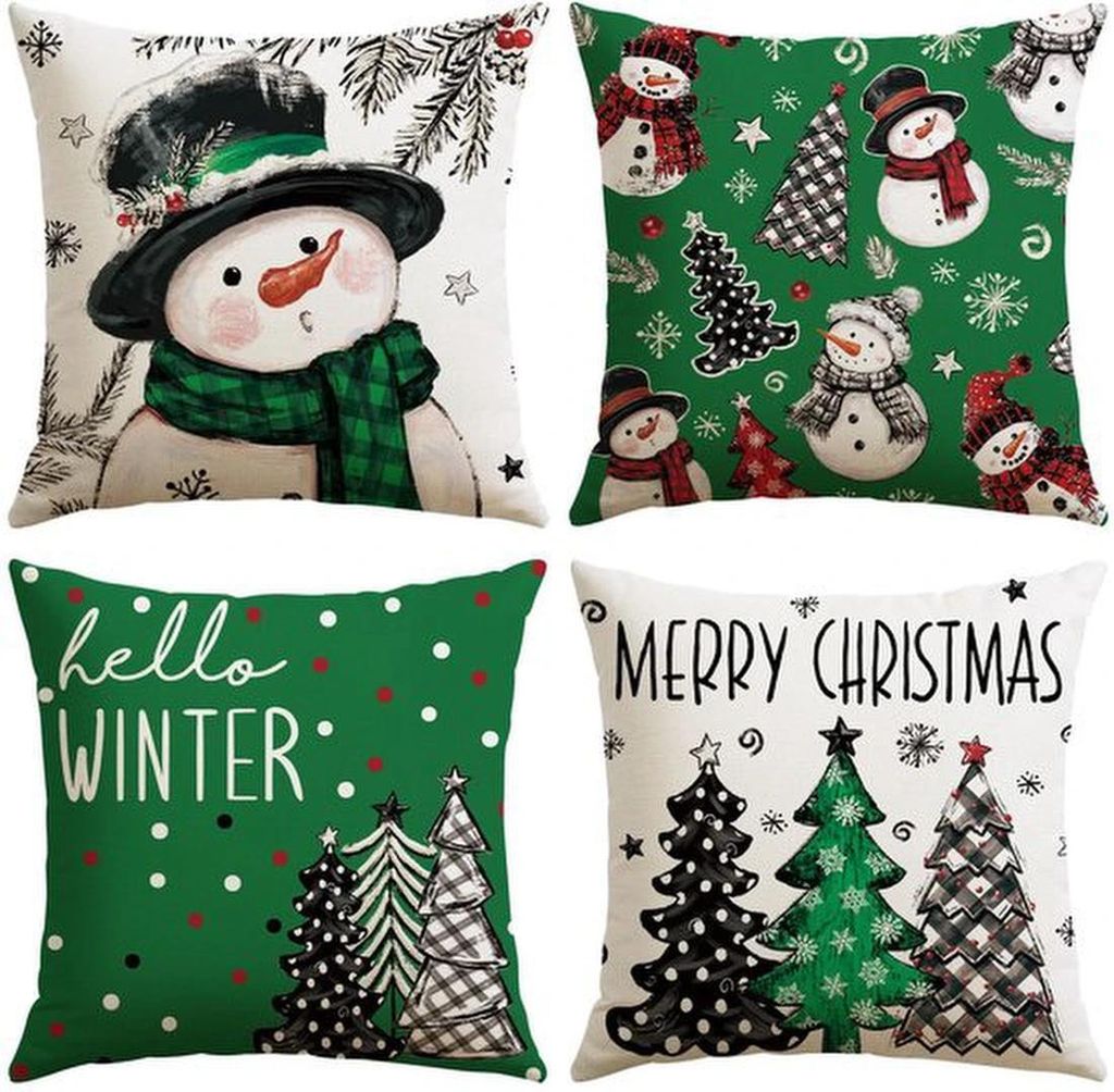 Unyqoos Set mit 4 dekorativen Kissenhüllen für festliche Weihnachtsdekoration, 40 x 40 cm, Polyester-Leinen