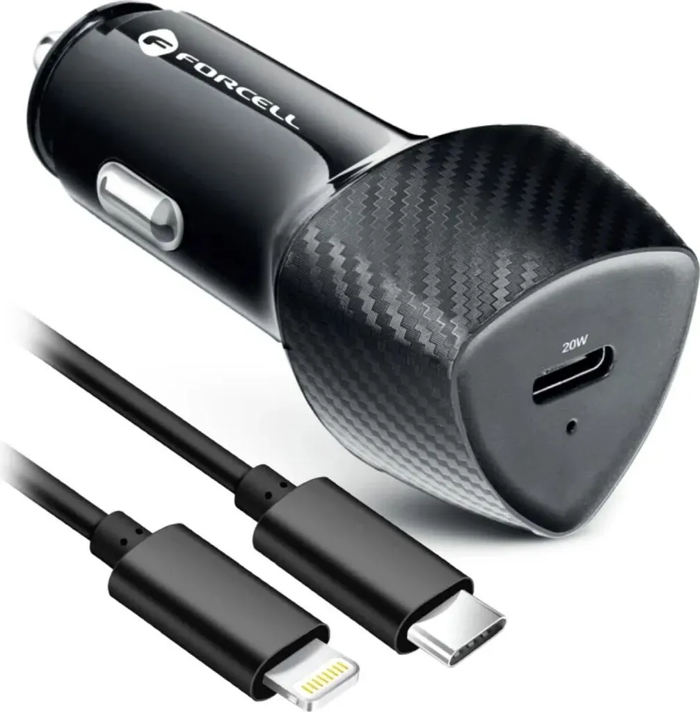 Caricabatterie da auto FORCELL CARBON di tipo C 3.0 PD20W CC50-1C (20 W in totale) + cavo per Apple Lightning 8-pin PD20W
