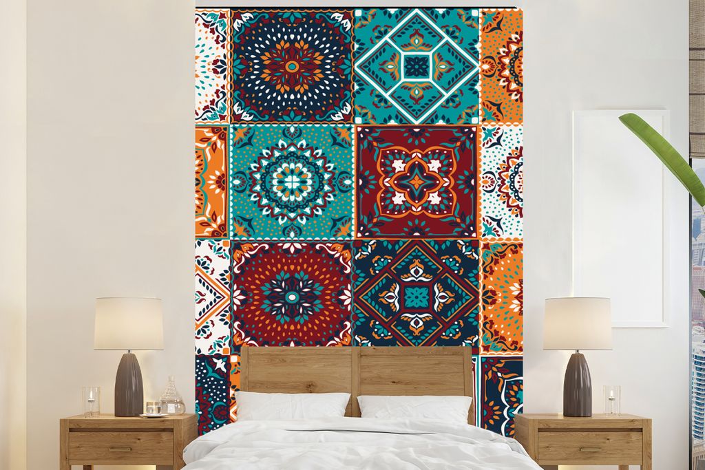 MuchoWow Fototapete für Wohnzimmer oder Schlafzimmer Wandtapete Vinyl Motivtapete Retro - Blatt - Design - Orange - Braun - 155x240 cm - Tapete