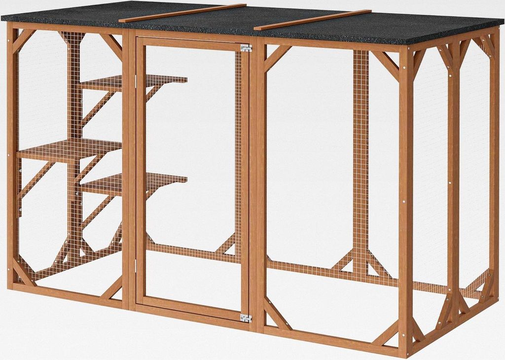 Freilaufgehege Katzen 180 x 80 x 111,8 cm mit 3 Liegeflächen, wetterfestes Katzengehege Garten, Katzenhaus mit Drahtgitter und Bitumen Dach