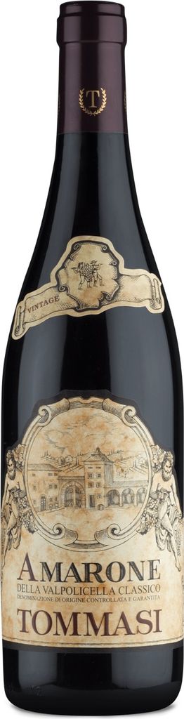 A bottle of Tommasi Amarone wine against a white background.