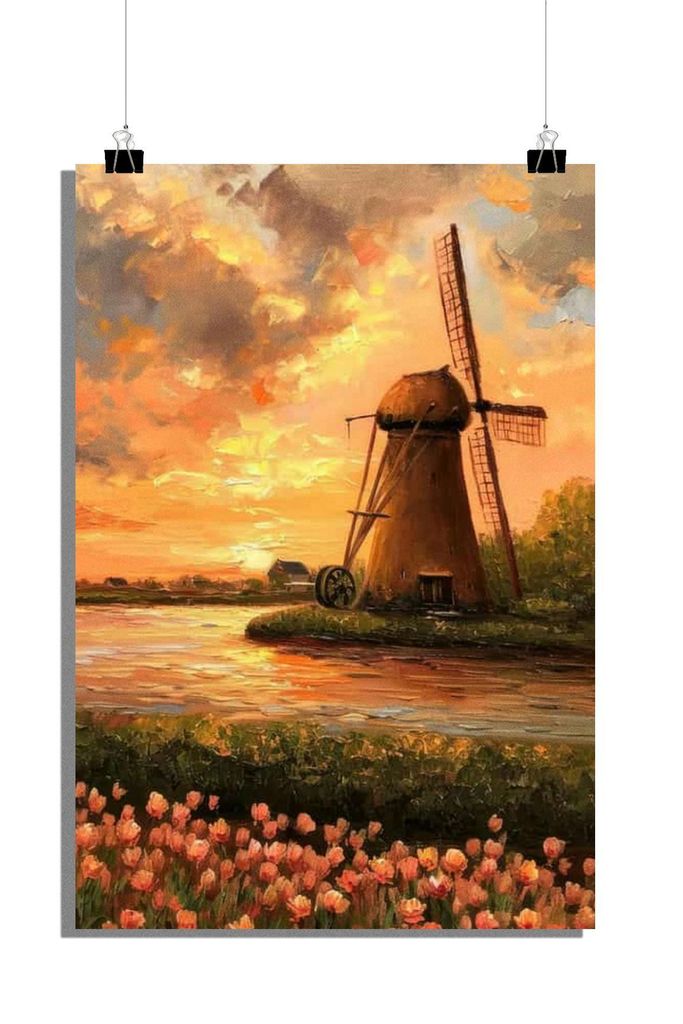 Windmühlen Poster - Natur Poster - Sonnenuntergang Poster - Blumen Poster - Malerei Poster - 51x71cm - Perfekt zum Einrahmen