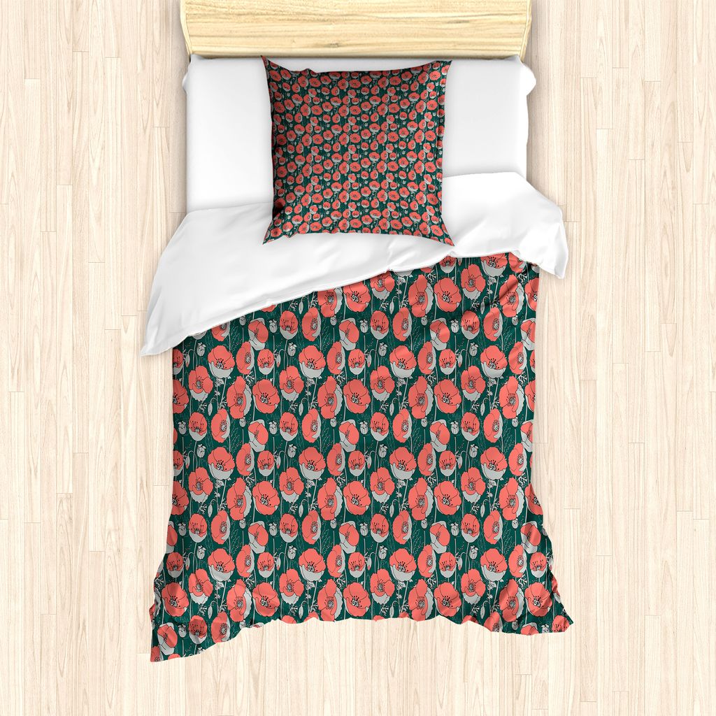 ABAKUHAUS Blumen Bettbezug Set für Einzelbetten, Wald Mohnblumen-Muster, Milbensicher Allergiker geeignet mit Kissenbezug, 135 cm x 200 cm - 80 x ...