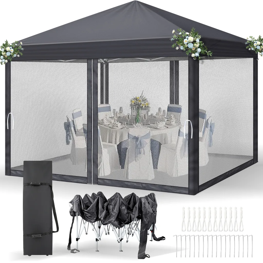 Pavillon de Jardin 3x3m Imperméable et Anti-UV avec 4 Rideaux Latéraux