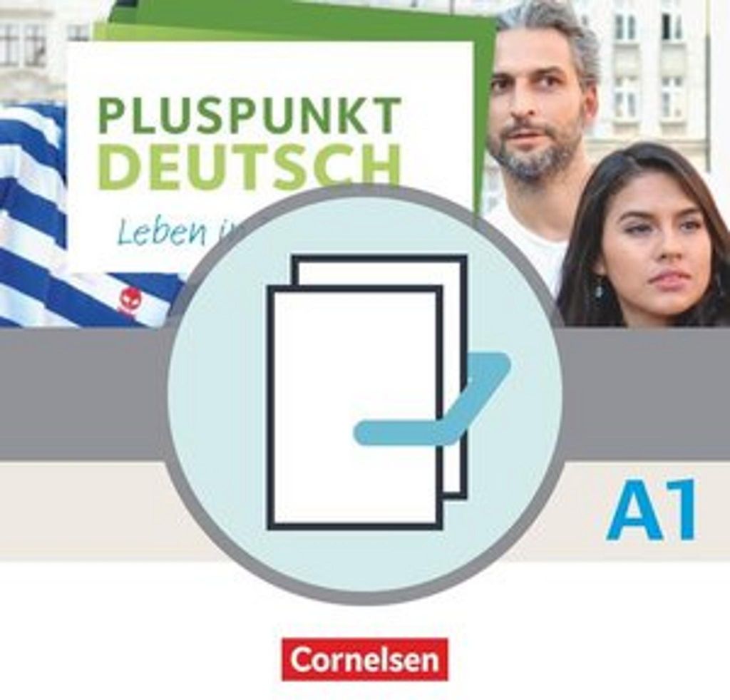 Cover of a German language learning book for A1 level, featuring two people and educational graphics.