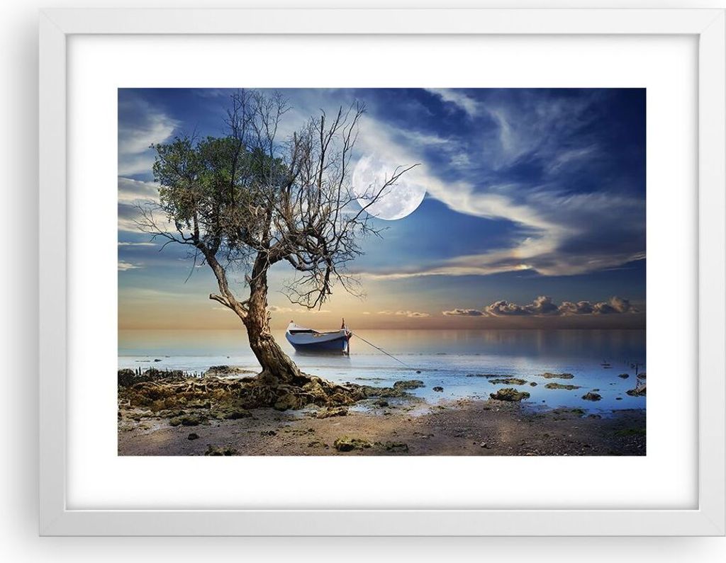 Gerahmtes Poster - Weißer Rahmen - Nacht Mond Boot - 40x30 cm - Wand Bild - Wanddeko - Wandbilder - Kunstposter - Wandposter - Bilderrahmen - Bild...
