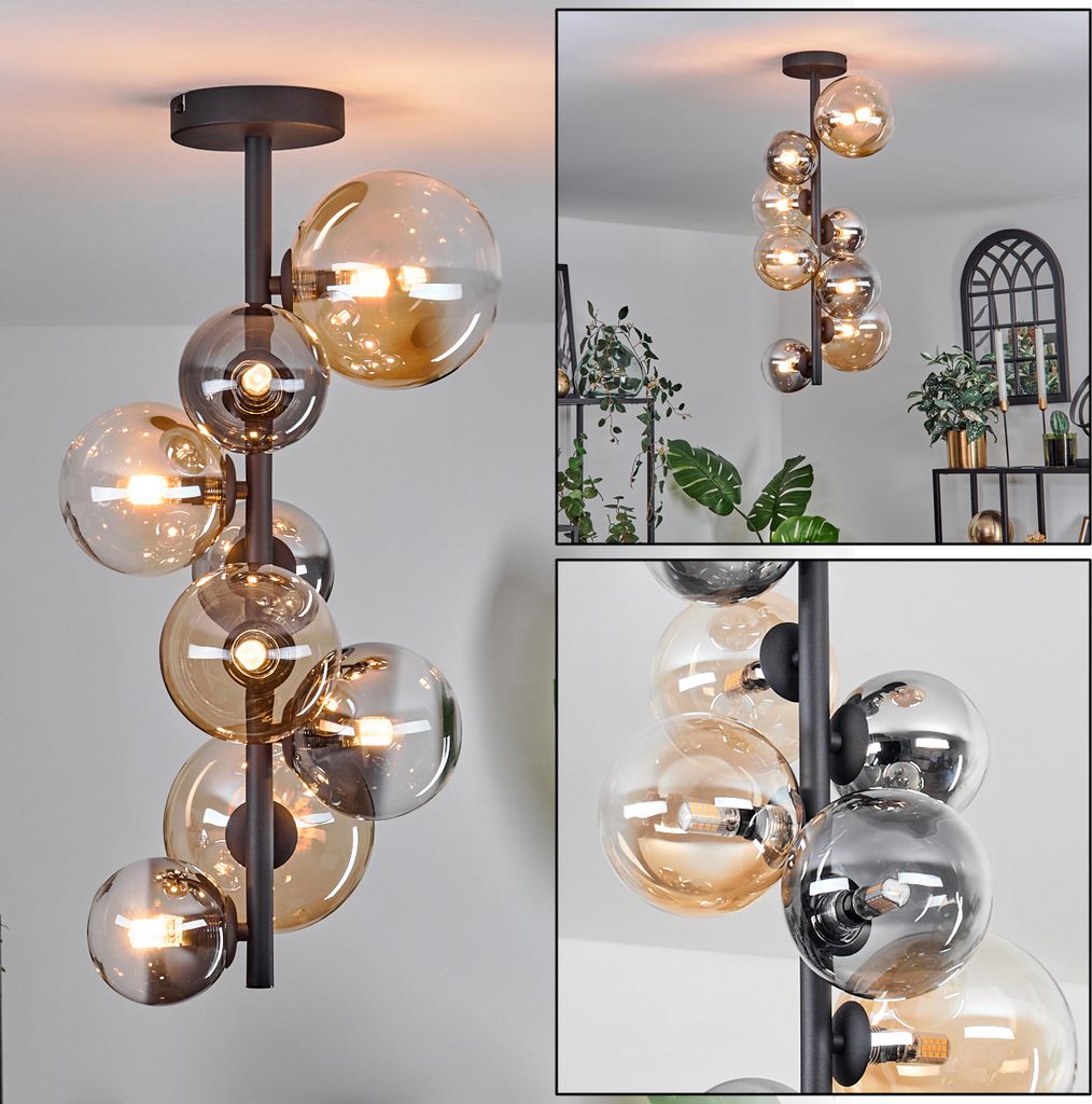 Isorella Deckenlampe aus Metall/Glas in Schwarz/Rauchfarben/Bernstein/Klar