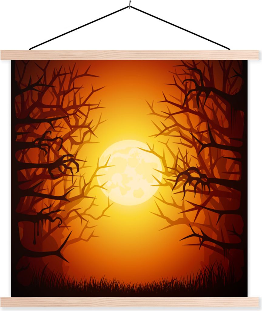 MuchoWow Textilposter Ein illustrierter Wald mit kahlen Ästen zu Halloween 120x120 cm mit holzfarbenen Rahmen - Textil-Poster