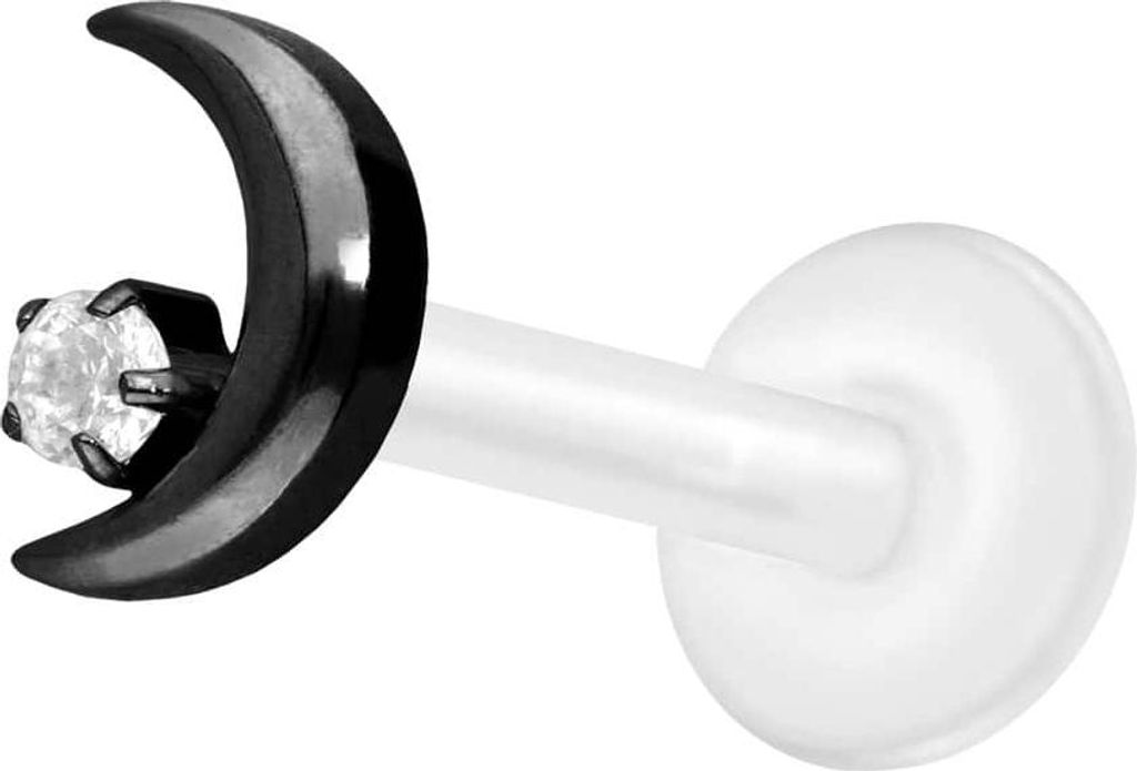 Ohrpiercing, Nasenpiercing PTFE Labret mit Innengewinde + Titan-Aufsatz MOND + KRISTALL Schwarz Stablänge: 10mm | Stabstärke: 1,2mm