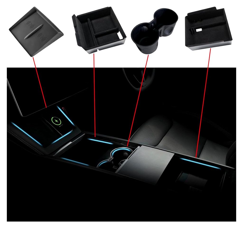 Organizer für Tesla Model Y Juniper 2025-2026 und Model 3 Highland 2024-2026 Mittelkonsole Aufbewahrungsbox (4 Stück)