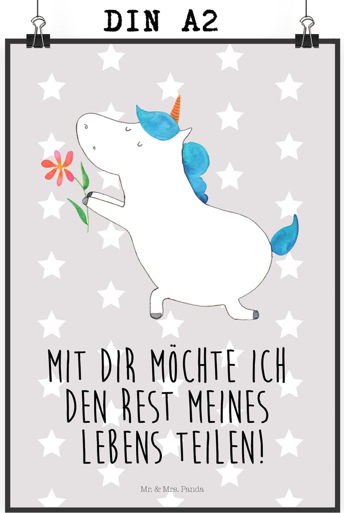 Mr. & Mrs. Panda Bild Einhorn Blume DIN A2 - Grau Pastell - Geschenk, Partner, wanddeko, drucke, Liebe, Freundin, Kunstdruck, Antrag, poster, Unico...