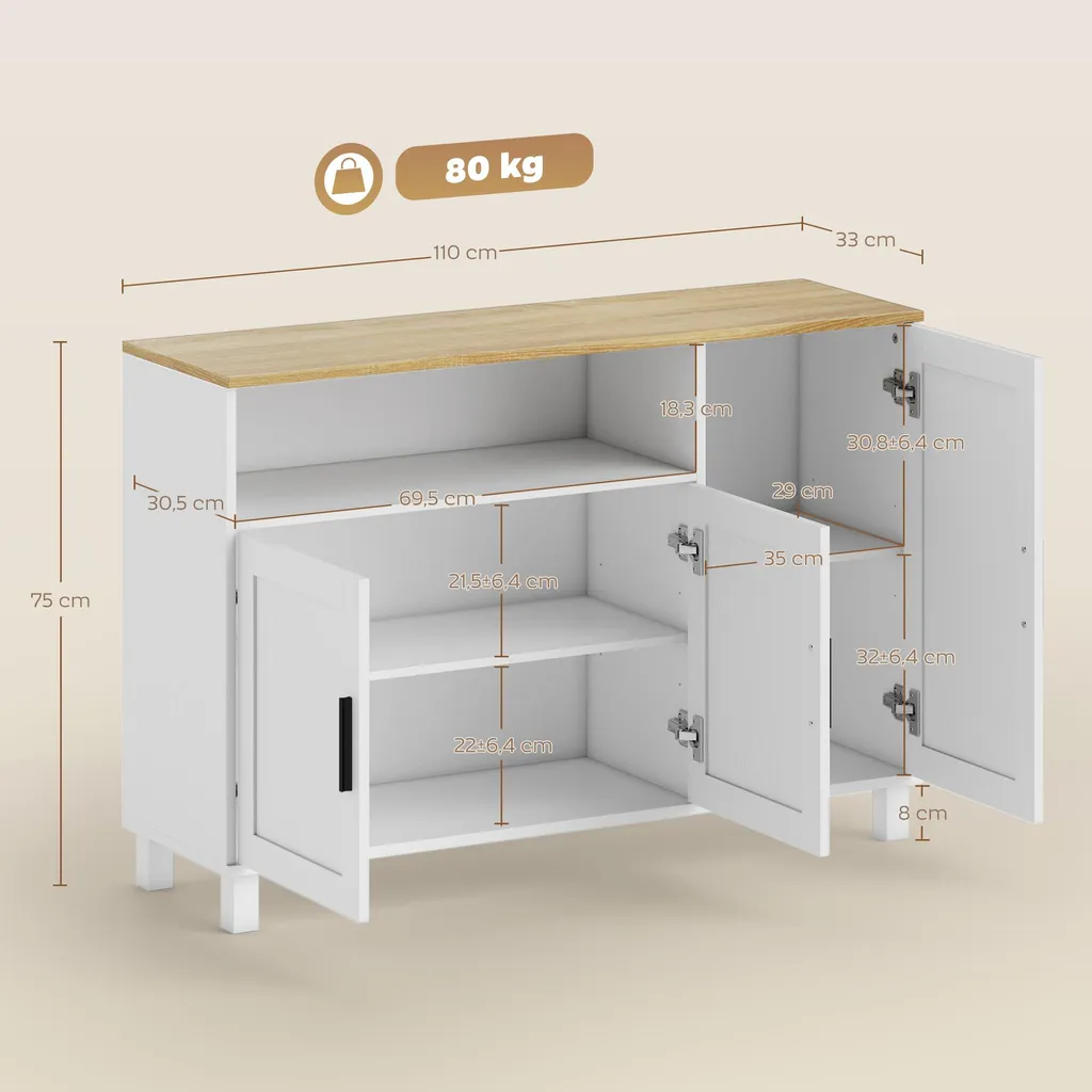 Buffet de Cuisine Moderne Blanc avec Étagères Réglables et Rangement
