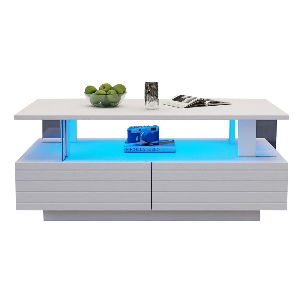 LED-Couchtisch mit Aufbewahrungsfunktion,Acryl-LED-Sofatisch,beistelltisch,doppelschichtiger rechteckiger Couchtisch mit Bluetooth-Handy-App-Steuerung