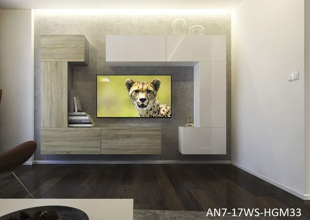 Furnitech Colmar Modernes Wohnzimmer Wohnwände Wohnschränke Schrankwand Schwarz Weiß Hochglänzend AN 7 (LED weiß, AN7-17WS-HGM33 1A)