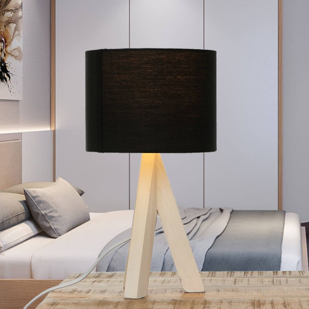 Nachttischleuchte Skandinavisch GING Holz Schwarz Stoff Ø17cm rund blendarme Tischlampe Schlafzimmer