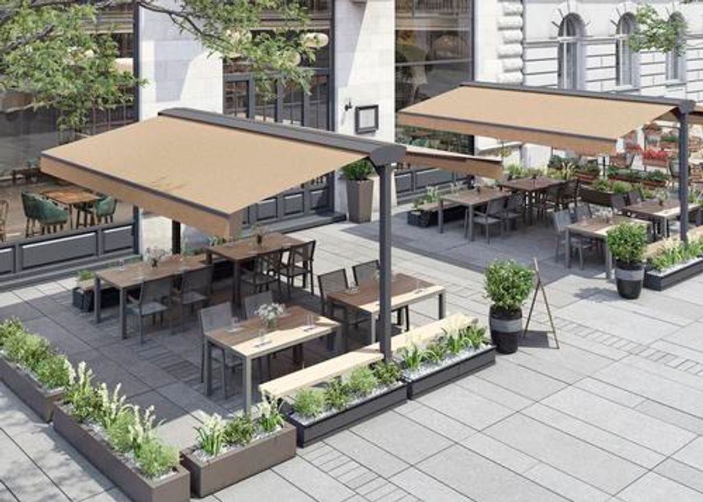 Soluna Standmarkise Duo 400x500 cm Gestellfarbe DB703 dunkelgrau Stoffdessin U811 inkl. 8x Holzbohlen für Sitzbänke unbe