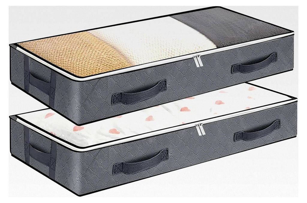 2 Stück Unterbettkommode mit Sichtfenster, Aufbewahrungstasche für Kleidung, Deckenorganisator, 4 Haltegriffen, faltbar, 100 x 50 x 15 cm, Grau